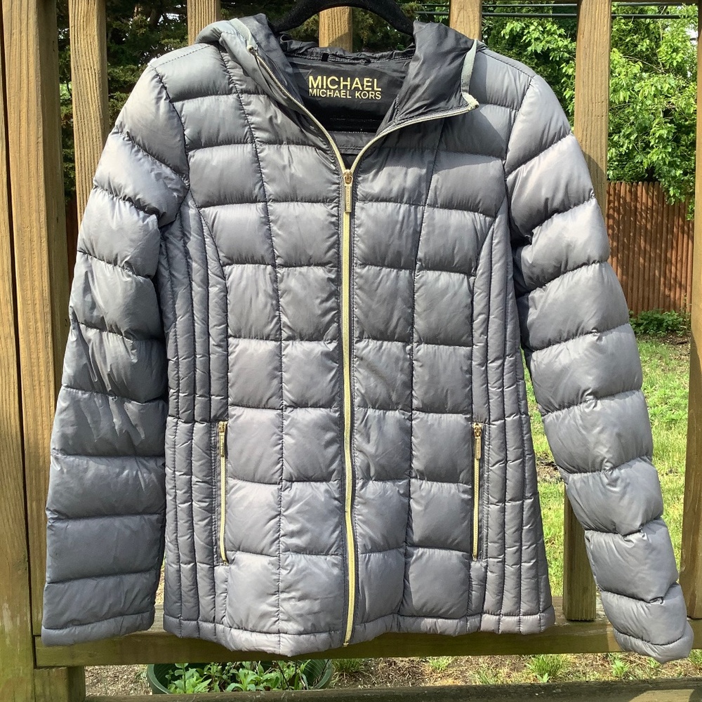 Michael Kors Gray Packable Down Fill Jacket With … - image 1